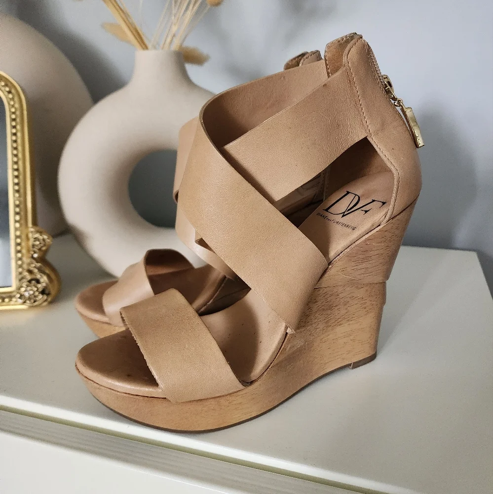 Diane Von Furstenburg Camel Vachetta Opal Wedge Wood Heels